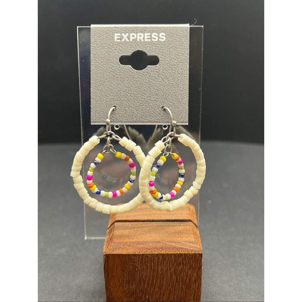 Express White Pink Yellow Blue Multi Color Seed Beads Double Hoop Earrings